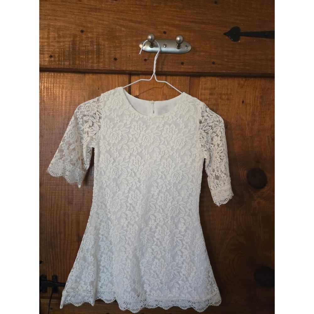 Girls White Floral Lace A-Line Special Occasion Dress Size 130 3/4 Sleeve - 7/8